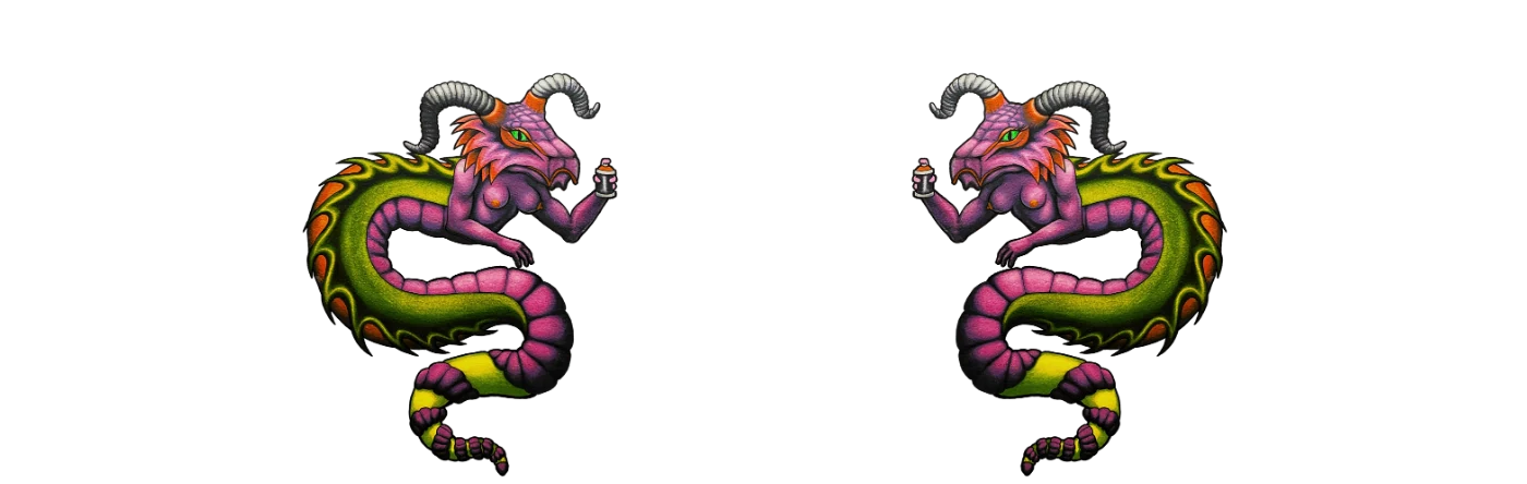 Mirrored pink and green dragons float in front of mushrooms, branching forests and rainbow ribbons.