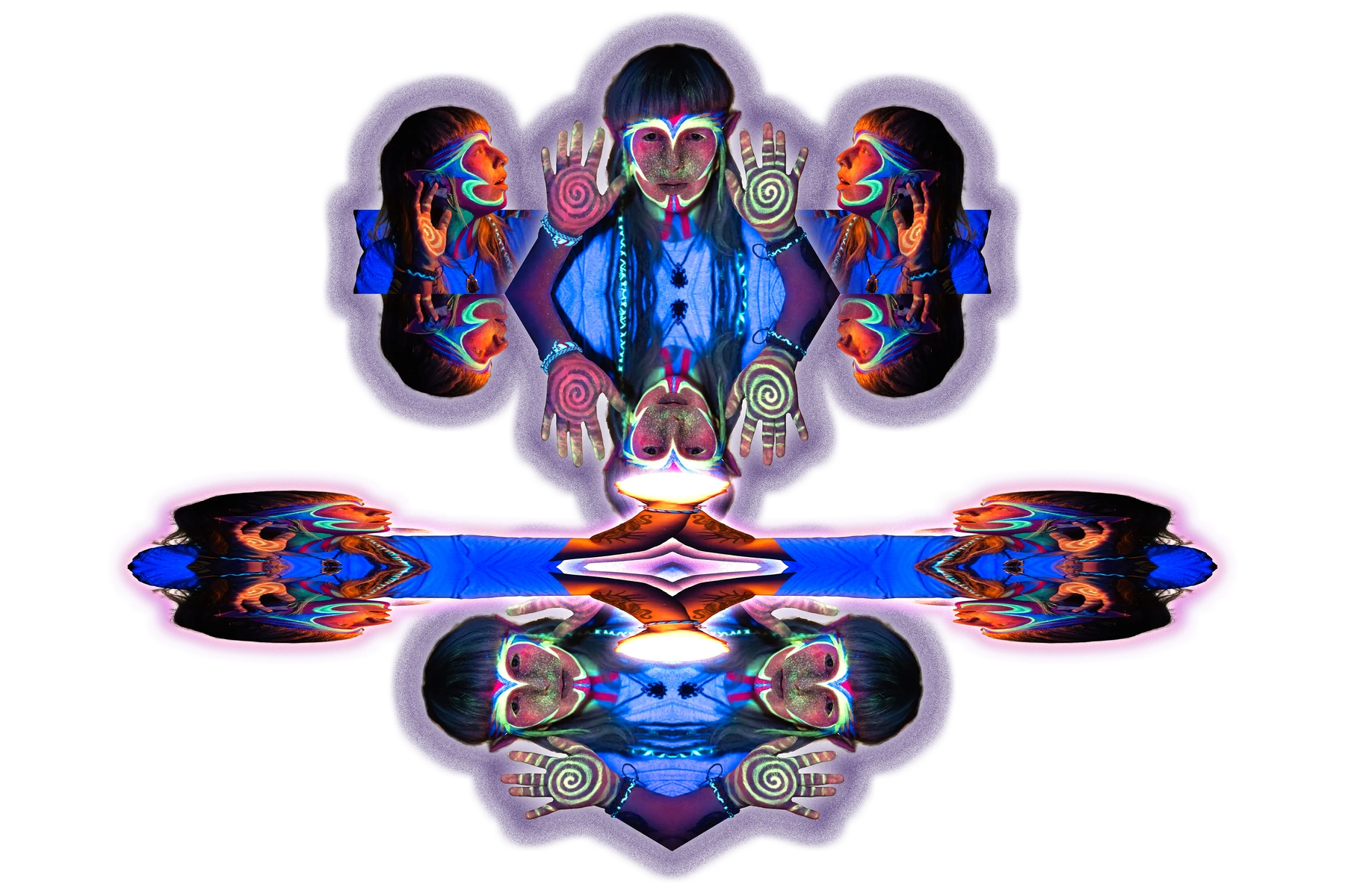 Tildah Puronne in a layered mirrored portrait of glowing face paint, spiralling hands and colourful reflections.